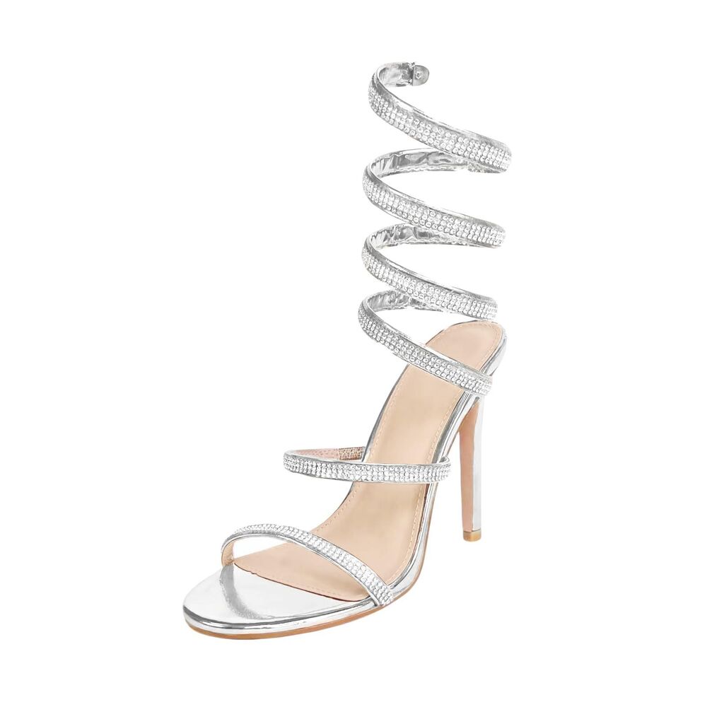 Rhinestone Sparkly Heels - Ankle Wrap Up Strappy Sandals Silver (Size 9)